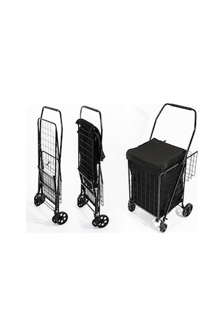 4 Tekerlekli 60 L Katlanabilir Kılıflı Pazar Arabası 360 Dönebilen Metal İskeletli Siyah Alışveriş Arabası