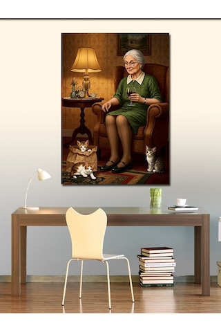 Kanvas Tablo Yaşlı Kadın Ve Kediler 70cmx100cm