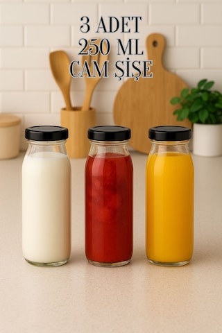 3 Adet 250 Ml Beslenme Şeffaf Meyve Suyu, Meşrubat, Limonata Şişesi Metal Kapaklı 250 Cc Şişe Siyah