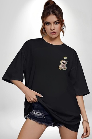 Gerçeklikten Uzak Tutun Siyah Oversize Unisex Ön Sol Yan Minimal Baskılı Tişört Koyu Siyah