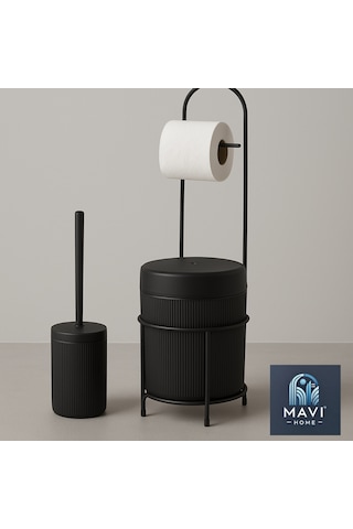 Kovalı Tuvalet Kağıtlığı, Çöp Kovalı Tuvalet Kağıdı Askısı Ve Tuvalet Fırça Seti Siyah
