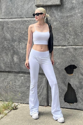 Madmext Beyaz Beli Fitilli Yüksek Bel İspanyol Paça Pantolon Mg2096-beyaz Beyaz