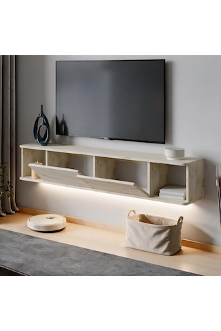 İnarch Dizayn Twist Led Işıklı Duvara Monte Tv Sehpası - 2 Kapaklı Traverten