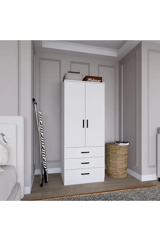 Easy Mat Beyaz 2 Kapılı 3 Çekmeceli Gardırop Beyaz