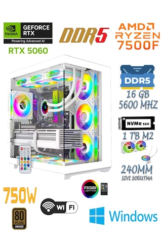 Apphirex Prime 75W R5-7500F 16 GB 1 TB SSD 8 GB RTX5060  W11P Masaüstü Oyuncu Bilgisayarı