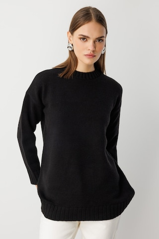 Mizalle Yuvarlak Yaka Oversize Siyah Triko Kazak Siyah