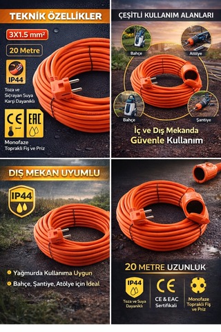 Klc Uzatma Kablosu 3x1.5 Mm 20 Metre Topraklı Cca Kablolu Tekli Grup Fiş Priz Kapak Monofaze Ev Tip Siyah 15 M Ve Üzeri