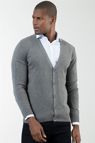 Tudors Erkek Slim Fit Düğmeli Düz Pamuklu Gri Hırka-18858 Gri