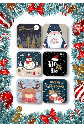 Mutlu Yıllar - Yılbaşı - Yeni Yıl - Merry Christmas Temalı Ahşap Bardak Altlığı Seti 6 Adet-0a001 Ahşap