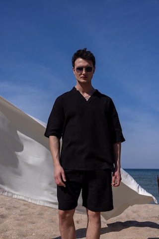 Siyah Renk V Yaka Gömlek Şort Erkek Yıkamalı Keten Takım-1741 Siyah