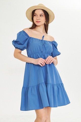 Beli Lastikli Buzgulu Poplin Elbise Orta Mavi