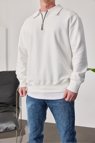 Prtnc Protonic Erkek Polo Yaka Oversize Beyaz Sweatshirt Yarım Fermuar Sweatshirt Beyaz