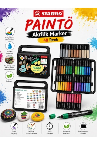 Stabilo 791/48 Paınto 48 Renk Akrilik Marker Seti Su Bazlı Çok Yüzeyli Boya Kalemi Çantalı Çok Renkli