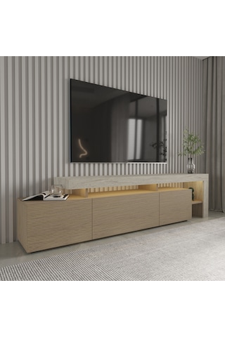 Beliz Modern Led Işıklı 3 Kapaklı, Raflı Tv Sehpası 192 Cm Traverten/sıcak Meşe