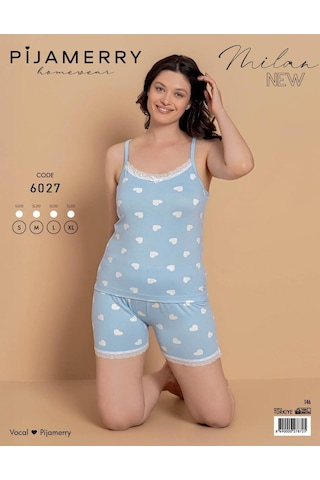 Pijamerry Kadın İp Askılı Milan Kumaş Likralı Şortlu Pijama Takımı 6027 - 1 Adet Mavi
