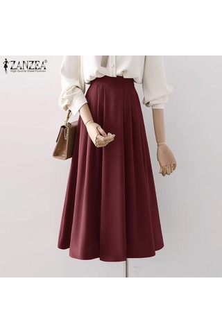 Zanzea Yaz Kadın Yüksek Bel Pileli Düz Renk Bol A Kesim Etek Kahverengi