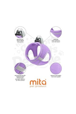 Mita Air Mesh Kedi Köpek Göğüs Tasması Çift Reflektörlü, Terletmeyen Lila