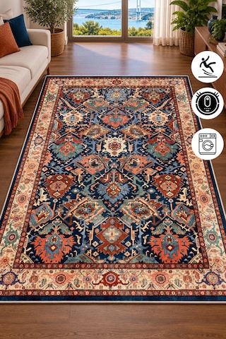 Vintage Kilim Desen Salon Oturma Odası Antre Halısı Baskılı Kaymaz Yıkanabilir Yolluk Çok Renkli