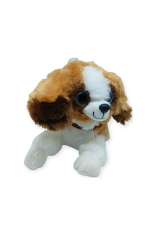Sesli Peluş Yatan Köpek 25 Cm - Kahve Beyaz Çok Renkli