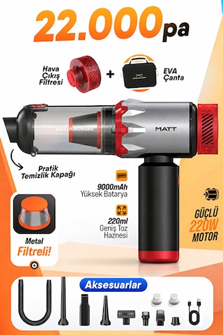 Tastech Matt Mcv22 Şarjlı Araç Süpürgesi Kırmızı 22.000pa Güçlü Vakumlu Mini El Süpürgesi Type-c Şarjlı 220w 0 - 250 Watt