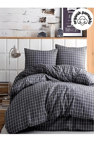 Lotus Home Minikaro Çarşafsız Pamuklu Tek Kişilik Nevresim Seti Füme