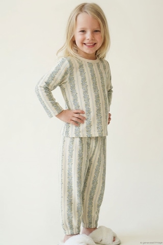 Breeze Kız Bebek Pijama Takımı Mavi Floral Çiçek Desenli Şeritli 9 Ay - 3 Yaş , Ekru
