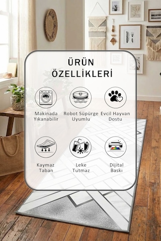Vava Gri Dijital Baskılı Kaymaz Yıkanabilir Yolluk