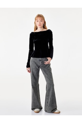 Koton Kadife Slim Fit Kayık Yaka Uzun Kollu Tişört Siyah 7wal10032ık