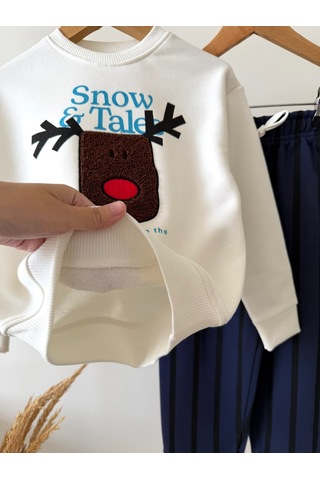 Magu Erkek Çocuk Pamuklu Geyik Aplikeli Sweatshirt Ve Çizgili Eşofman Takımı Çok Renkli