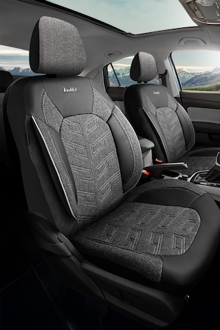 Siyah - Gri Butti Bello Serisi Keten Kumaş Premium Oto Koltuk Kılıfı Ortopedik Destekli, Ön Arka Tam Set