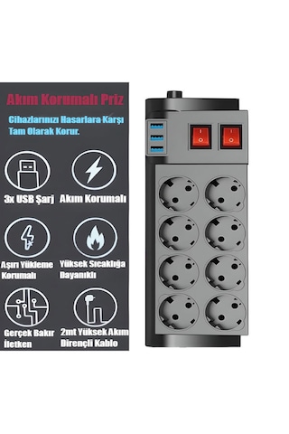 Ftr-08 4000w 16a Akım Korumalı 2 Anahtarlı 8'li Priz, 3 Usb Portl