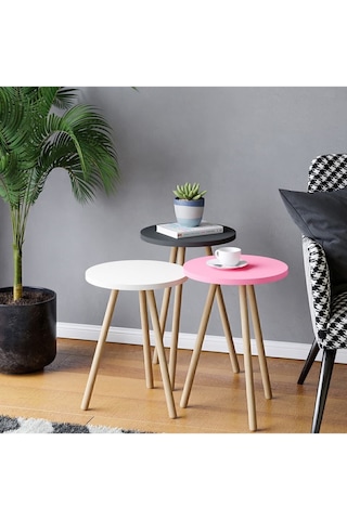 Renkli Üçlü Zigon Sehpa Ahşap Ayaklı Yuvarlak Pastel Tasarım Pembe Beyaz Gri