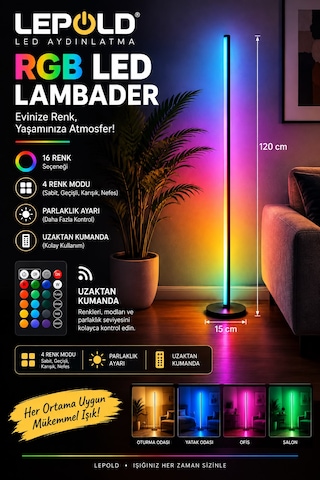 Rgb Led Lambader 120 Cm Kumandalı 16 Renkli Dekoratif Ayaklı Lamba, Parlaklık Ayarlı, Renk Geçişli Ortam Siyah
