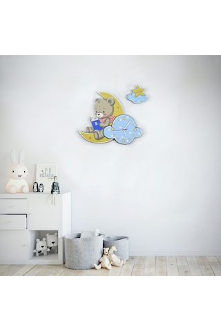 Sevimli Ay Ve Ayıcık Çocuk Odası Ahşap Duvar Saati Ahşap