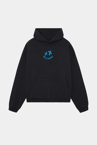 Unisex Siyah Kapüşonlu Sweatshirt - Mavi Baskılı Oversize Hoodie Siyah