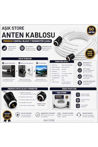 50 Metre Premium Anten Kablosu %100 Bakır İç İletken Contalı Black F Konnektör Çakılı Koaksiyel Tv Uydu Kablosu