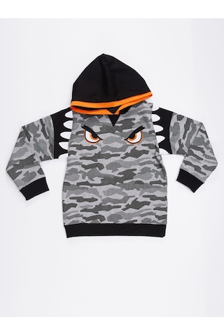 Denokids Mushi Kamuflaj Kapüşonlu Erkek Çocuk Sweatshirt - Gri - Siyah - Turuncu