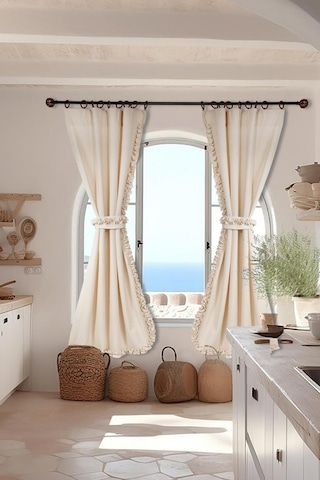 Naturel Perde Bohem Çift Kanat Büzgü Bantlı Krem