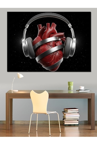 Ahşap Tablo Müzik Dinleyen Kırmızı Kalp İllüstrasyonu