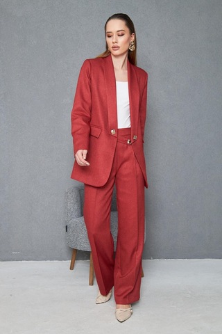 Kare Düğmeli Yünefekt Takım Kırmızı Kırmızı