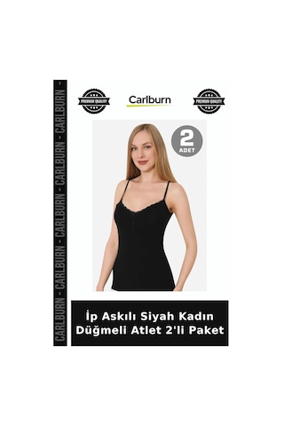Carlburn Özel Seri İp Askılı Siyah Kadın Düğmeli Atlet 2'li Paket Rahat Üst Vücut Saran İç Giyim