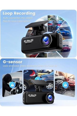 4k + 1080p Dash Cam Ön Arka Kamera, Wifi, 64gb Sd Kart, Ultra Gece Görüşü, G-sensör, Döngüsel Kayıt