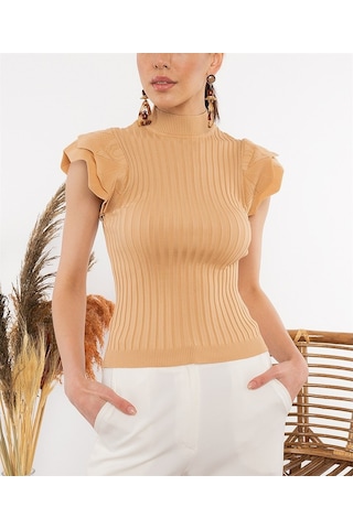 Aqe Fashion Kadın Kol Detaylı Fitilli Boğazlı Camel Kazak-Camel