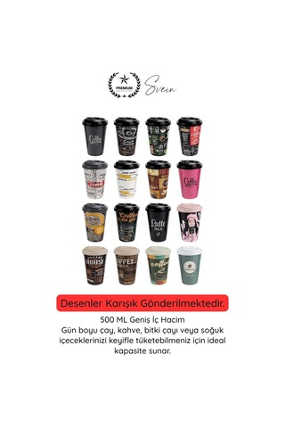 Bardak Renkli Desenli Kapaklı Plastik Çay Kahve Bardağı 2 Li Set 500 Ml Taşınabilir İçecek Kupası S Diğer
