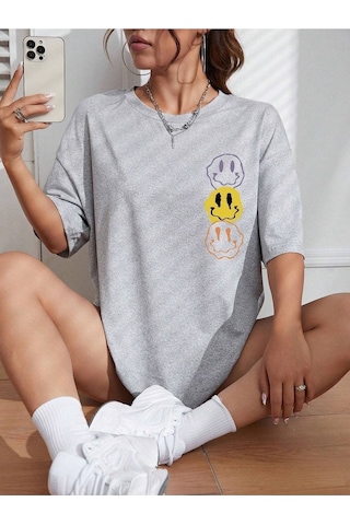 Emoji T-shirt - Gri Baskılı Oversize Bisiklet Yaka Kısa Kol Gri
