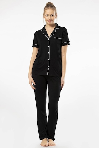 Düz Kısa Kollu Gömlek Yaka Pijama Takım 001