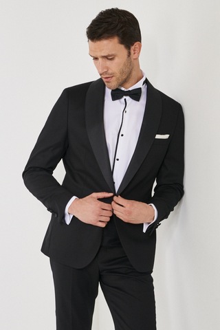 Ac&Co / Altınyıldız Classics Erkek Sıyah Slim Fit Dar Kesim Mono Yaka Balıksırtı Desenli Smokin Damatlık Sıyah Siyah