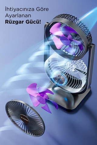 Torima F-22 Siyah Mini Fan Taşınabilir Çift Başlıklı Sessiz Vantilatör Type-c Girişli, 3 Kademeli Hız Ayarı