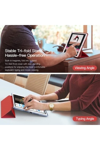 Apple Uyumlu iPad 5. 6. Nesil 2017 2018 9.7" Inc Kılıf Smart Cover Katlanabilir Standlı Akıllı Kapak Kırmızı