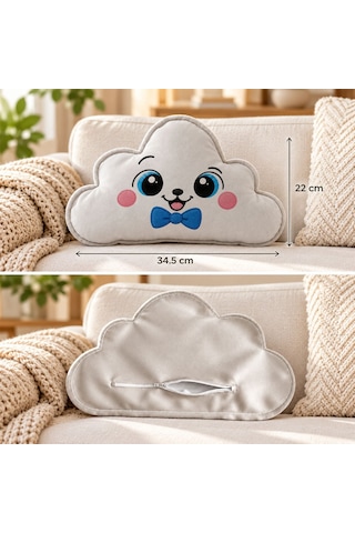 Bk Gift Sevimli Yüz Tasarımlı Gri Bulut Yastık-1 - Bebek Ve Çocuk Odası Dekoratif Yastık 34,5x22 Cm